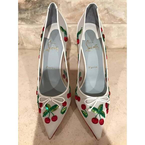 Christian Louboutin Cherrypump 100 White Red Cherry Bridal Shoe Pump Heel 39.5 - Picture 9 of 12